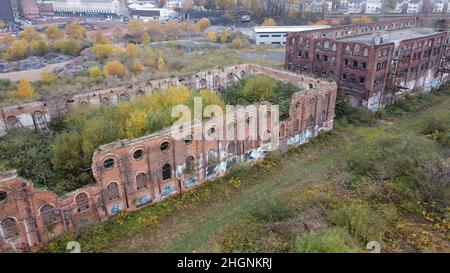 Great Northern Railway Warehouse Nottingham UK abandonné bâtiment abandonné vue de drone aérien Banque D'Images