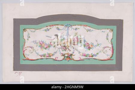 Design pour une housse de canapé (?)Avec un cadre ornemental contenant une grande guirlande horizontale de fleurs et de feuilles avec des instruments de musique et un vase, décoré de feuilles d'Acanthus et de deux fleurs de Lys 1870–1900 (?)Anonyme, français, 19th siècle feuille de papier rectangulaire avec un dessin pour une couverture de canapé (?)À partir de la seconde moitié du XIXe siècle, inspiré du style de Louis XVI, faisant partie du renouveau néo-classique qui a eu lieu en France et en Grande-Bretagne à partir de 1850s.Le style faisait partie de la renaissance classique et Renaissance qui a eu lieu à partir d'environ 1850, qui Banque D'Images