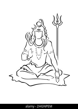 Shiva, dieu hindou, donnant la bénédiction, assis avec des perles, trident.Mahadeva, Dieu suprême de la destruction, du temps, de la danse, du yoga.Symbole moderne, ske dessiné à la main Illustration de Vecteur