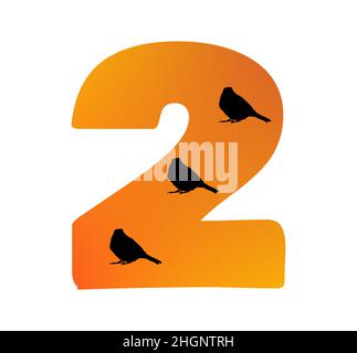Numéro 2 de l'alphabet fait de couleur orange et trois silhouettes d'oiseaux, isolé sur un fond blanc; vecteur Illustration de Vecteur