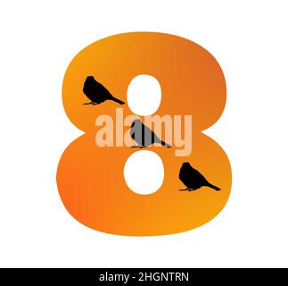 Numéro 8 de l'alphabet fait de couleur orange et trois silhouettes d'oiseaux, isolé sur un fond blanc; vecteur Illustration de Vecteur