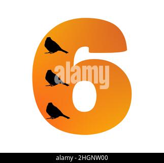 Numéro 6 de l'alphabet fait de couleur orange et trois silhouettes d'oiseaux, isolé sur un fond blanc; vecteur Illustration de Vecteur