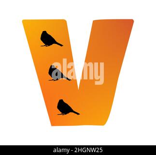 Lettre V de l'alphabet de couleur orange et trois silhouettes d'oiseaux, isolée sur fond blanc; vecteur Illustration de Vecteur