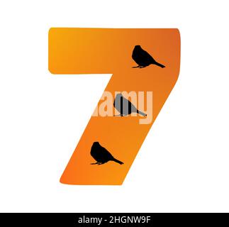 Numéro 7 de l'alphabet fait de couleur orange et trois silhouettes d'oiseaux, isolé sur un fond blanc; vecteur Illustration de Vecteur