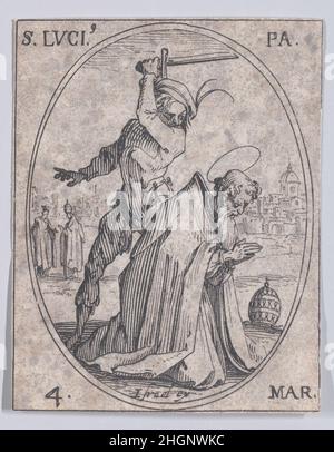 S. Lucius, pape (St.Lucius, Pope), mars 4th, des Images de tous les Saincts et Saintes de l'Année (Images de tous les Saints et événements religieux de l'année) 1636 Jacques Callot French cet imprimé fait partie d'une série comprenant une page de titre, une frontispice et 122 plaques.Chacune de ces 122 plaques contient quatre scènes ovales représentant des saints et des événements religieux pour chaque jour de l'année.Cette gravure était à l'origine l'une des quatre scènes ovales sur une plaque de la série.S. Lucius, pape (St.Lucius, Pape), mars 4th, des Images de tous les Saincts et Saintes de l'Année (Images de tous Banque D'Images