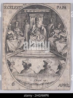 S. Célestin, pape (St.Celestine, Pope), avril 6th, des Images de tous les Saincts et Saintes de l'Année (Images de tous les Saints et événements religieux de l'année) 1636 Jacques Callot French cet imprimé fait partie d'une série comprenant une page de titre, une frontispice et 122 plaques.Chacune de ces 122 plaques contient quatre scènes ovales représentant des saints et des événements religieux pour chaque jour de l'année.Cette gravure était à l'origine l'une des quatre scènes ovales sur une plaque de la série.S. Célestin, pape (St.Celestine, Pope), avril 6th, des Images de tous les Saincts et Saintes de l'Année (Images Banque D'Images