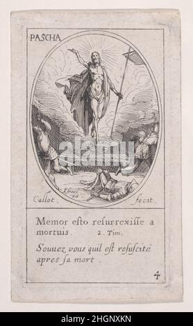 La Résurrection du Christ (la Résurrection du Christ), Pâques, d'Images des fêtes mobiles (Images des fêtes mobiles du Calendrier chrétien), faisant partie de la série les Images de tous les Saincts et Saintes de l'Année (Images de tous les Saints et événements religieux de l'année),scène 4 ca.1632 Jacques Callot French cette copie fait partie d'une série composée d'une page de titre, d'une frontispice et de 122 plaques.Chacune de ces 122 plaques contient quatre scènes ovales représentant des saints et des événements religieux pour chaque jour de l'année.Cette gravure était à l'origine l'une des quatre scènes ovales sur une plaque dans les s. Banque D'Images