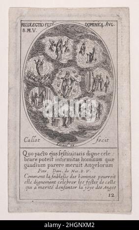 Réunion des fêtes de la Sainte Vierge (Collection des fêtes consacrées à la Vierge) : l'Immaculée conception, la Visitation, la naissance du Christ, la Présentation au Temple, la purification, l'Assomption,Et la réception de la Vierge au ciel, des Images des fêtes mobiles (Images des fêtes mobiles du Calendrier chrétien), faisant partie de la série les Images de tous les Saincts et Saintes de l'Année (Images de tous les Saints et événements religieux de l'année), scène 12 ca.1632 Jacques Callot French cette copie fait partie d'une série composée d'une page de titre, frontispiece, an Banque D'Images