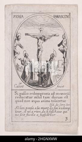 Jésus-Christ expire sur la croix (Christ sur la Croix), Vendredi Saint, d'Images des fêtes mobiles (Images des fêtes mobiles du Calendrier chrétien), faisant partie de la série les Images de tous les Saincts et Saintes de l'Année (Images de tous les Saints et événements religieux de l'année),scène 3 ca.1632 Jacques Callot French cette copie fait partie d'une série composée d'une page de titre, d'une frontispice et de 122 plaques.Chacune de ces 122 plaques contient quatre scènes ovales représentant des saints et des événements religieux pour chaque jour de l'année.Cette gravure était à l'origine l'une des quatre scènes ovales sur une plaque dans Banque D'Images