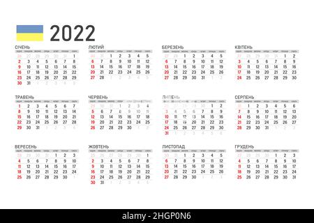 Calendrier 2022 en ukrainien, la semaine commence le lundi.Calendrier vectoriel 2022 ans Illustration de Vecteur