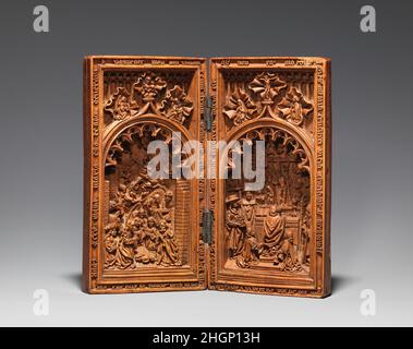 Diptyque avec la Nativité et la messe de Saint Grégoire au début du 16th siècle Netherlandish parmi les plus de 130 sculptures miniatures en buis qui ont survécu, c'est le seul diptyque.Bien que les sujets ne soient pas inhabituels, les inscriptions sont particulièrement complexes, s'inspirant des écrits de Saint Bernard de Clairvaux et d'autres théologiens.Par tradition, on dit que cette pièce appartenait à la reine Christina d'Espagne au XIXe siècle.Elle peut refléter le goût de ses ancêtres des Habsbourg pour les sculptures en buis miniatures des pays-Bas, un territoire qu'ils ont gouverné au début des années soixante Banque D'Images