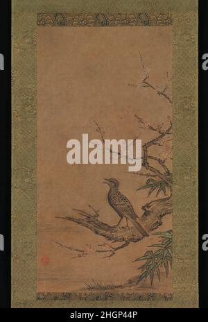 Bulbul brun (Hiyodori) sur une branche de Plum du milieu à la fin du 16th siècle Kano Shōei Japonais Un oiseau identifiable comme un bulbul brun, connu en japonais sous le nom de hiyodori, perches sur une branche de prune moulée qui vient d'éclater en fleur avec l'arrivée du printemps.Kano Shōei et d'autres artistes de la première école de Kano ont été admirés pour leurs peintures d'oiseaux et de fleurs très polies, exécutées en monochrome et en couleur, dans un style profondément informé par des images chinoises importées et des peintures Zen japonaises antérieures.Bulbul brun (Hiyodori) sur une branche de Plum.Kano Shōei (japonais, 1519–1 Banque D'Images