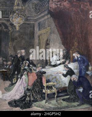 MARIA DE LAS MERCEDES ORLEANS Y BORBON. REINA DE ESPAÑA. 1860 - 1878. ESPOSA DE ALFONSO XII. ' LA REINA RECIBE LA EXTREMAUNCION '. DIBUJO DE Alejandro Ferrant. ILUSTRACION ESPAÑOLA Y AMERICANA. Banque D'Images