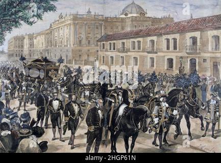 MARIA DE LAS MERCEDES ORLEANS Y BORBON. REINA DE ESPAÑA. 1860 - 1878. ESPOSA DE ALFONSO XII. ' CONDUCCION DE SU un cadavre LA ESTACION DEL NORTE '. DIBUJO DE JUAN COMBA. ILUSTRACION ESPAÑOLA Y AMERICANA. Banque D'Images