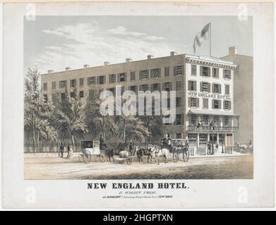 New England Hotel, Broadway, adjacent Trinity Church Yard, New York ca.1848 Frances Flora Bond Palmer dans cette image, l'hôtel New England de cinq étages porte un grand drapeau américain de son toit.L'entrée est sur Broadway, et la cour de l'église Trinity à gauche.Des voitures, un omnibus et une voiturette apparaissent dans la rue, et des piétons apparaissent sur le trottoir.Le nom du propriétaire, imprimé ci-dessous, identifie l'imprimé comme une publicité.lorsque Frances 'Fanny' Flora Bond Palmer a déménagé d'Angleterre à New York en 1844, elle était déjà une artiste accomplie et graveur.Palmer et son mari Seymour d'abord o Banque D'Images