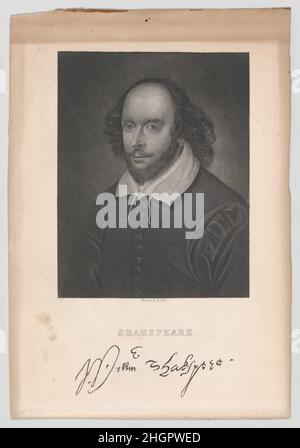 William Shakespeare milieu du 19th siècle Illman et fils cette illustration de livre gravé est basée sur le portrait de Chandos de Shakespeare, une peinture avec une bonne prétention d'avoir été faite pendant la vie de son sujet.Autrefois propriété du duc de Chandos, le tableau devint plus tard le premier à entrer dans le National Portrait Gallery de Londres en 1856.Le sujet porte une barbe et une moustache, un double Uni, un collier blanc doux et un contour d'oreille.Certains croient que l'original a été peint par John Taylor, l'acteur et peintre-colorier qui a été son premier propriétaire enregistré; d'autres pensent qu'il a été fait par l'ami de Shakespeare Banque D'Images