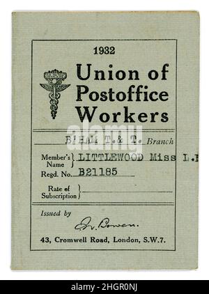 L'Union originale des travailleurs de poste (UPW) peut-être une carte de membre, avec des reçus enregistrés pour les paiements d'abonnement - succursale de Birmingham T. & T., datée de 1932, U.K. Banque D'Images