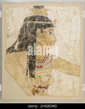 Fragment de Shroud peint 1st siècle avant J.-C.–1st siècle après J.-C. période ptoléméenne ou romaine comme épouse et sœur d'Osiris, Isis et Nephthys ont été jumelés dans des croyances funéraires.Ces têtes des deux déesses, 66.99.140 et 66.99.141, viennent d'une seule enveloppe de lin, qui leur montra probablement lever leurs bras dans un geste de soin et de révérence de part et d'autre de l'image frontale, momifiée d'Osiris.Quand enveloppé autour de la momie, les images sur le carénage auraient identifié le défunt avec Osiris et l'ont placé sous la protection des déesses.Bien qu'ils ne soient plus distingués fr Banque D'Images