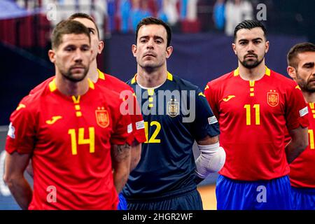 GRONINGEN, PAYS-BAS - JANVIER 22 : équipe Espagne, Raul Campos d'Espagne, Didac Plana d'Espagne, Chino pendant le match du Futsal masculin Euro 2022 Groupe D entre l'Espagne et la Bosnie-Herzégovine au Martiniplaza le 22 janvier 2022 à Groningen, pays-Bas (photo d'Andre Weening/Orange Pictures) Banque D'Images