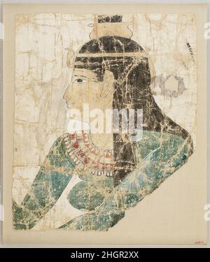 Fragment de Shroud peint 1st siècle avant J.-C.–1st siècle après J.-C. période ptoléméenne ou romaine comme épouse et sœur d'Osiris, Isis et Nephthys ont été jumelés dans des croyances funéraires.Ces têtes des deux déesses, 66.99.140 et 66.99.141, viennent d'une seule enveloppe de lin, qui leur montra probablement lever leurs bras dans un geste de soin et de révérence de part et d'autre de l'image frontale, momifiée d'Osiris.Quand enveloppé autour de la momie, les images sur le carénage auraient identifié le défunt avec Osiris et l'ont placé sous la protection des déesses.Bien qu'ils ne soient plus distingués fr Banque D'Images