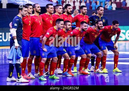 GRONINGEN, PAYS-BAS - JANVIER 22 : équipe d'Espagne, Didac Plana d'Espagne, Ortiz d'Espagne, Boyis d'Espagne, Sergio Lozano d'Espagne, Chino, Borja d'Espagne, Cecilio Morales d'Espagne, Juan Jose Camacho Perez d'Espagne, Esteban Cejudo,Raul Campos lors du match du Futsal masculin Euro 2022 Groupe D entre l'Espagne et la Bosnie-Herzégovine au Martiniplaza le 22 janvier 2022 à Groningen, pays-Bas (photo d'Andre Weening/Orange Pictures) Banque D'Images