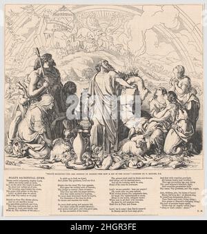 Noah's sacrifice, de 'Illustrated London News' 1 décembre 1849 Charles Cheltnam cet imprimé reproduit un grand tableau de Daniel Maclise (1847-53, Leeds City Art Gallery).Noé est au centre, à côté d'un agneau sur un autel, accompagné de membres de la famille et d'autres animaux destinés au sacrifice.En arrière-plan, l'Ark repose sur le mont Ararat, les animaux émergent de sa porte ouverte, et un arc-en-ciel sur la scène près des êtres célestes.L'hymne matériel de Noé est imprimé ci-dessous.pendant que vous travaillez sur ce tableau, Maclise a été chargé de produire deux grandes fresques au nouveau Palais de We Banque D'Images