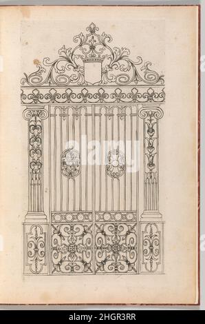 Versets pièces de Serruriers, page 17 (recto) ca.1663 gravures françaises de Jean Berain par Jean I Berain, français, Saint-Mihiel 1640-1711 Paris et Gabriel Ladame, français, actif 1645-68.Dessins publiés par François Langlois d'après Hughes Brisville, français, né ca.1633, Paris actif 1663.De haut en bas, et de gauche à droite : la conception est d'une façade de bâtiment.Le dessus de la façade est décoré d'une couche de bras qui est flanquée des deux côtés par des éléments de feuillage.Toute la façade est décorée de divers éléments architecturaux comme une frise de fleurs-de-lis et des colonnes ioniques cannelées Banque D'Images