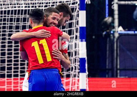 GRONINGEN, PAYS-BAS - JANVIER 22 : Raul Campos d'Espagne célèbre après avoir marquant son deuxième but à ses équipes, Chino d'Espagne lors du match du Futsal masculin Euro 2022 Groupe D entre l'Espagne et la Bosnie-Herzégovine au Martiniplaza le 22 janvier 2022 à Groningen, pays-Bas (photo d'Andre Weening/Orange Pictures) Banque D'Images