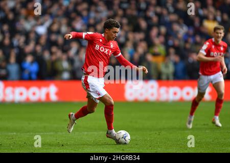 NOTTINGHAM, ROYAUME-UNI.JAN 22nd Brennan Johnson de la forêt de Nottingham court avec le ballon pendant le match de championnat Sky Bet entre la forêt de Nottingham et le comté de Derby au City Ground, Nottingham, le samedi 22nd janvier 2022.(Credit: Jon Hobley | MI News) Credit: MI News & Sport /Alay Live News Banque D'Images