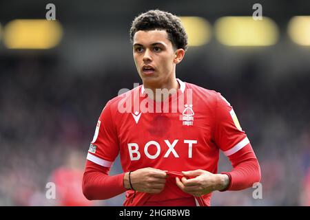 NOTTINGHAM, ROYAUME-UNI.JAN 22nd Brennan Johnson de la forêt de Nottingham lors du match de championnat Sky Bet entre la forêt de Nottingham et le comté de Derby au City Ground, Nottingham, le samedi 22nd janvier 2022.(Credit: Jon Hobley | MI News) Credit: MI News & Sport /Alay Live News Banque D'Images