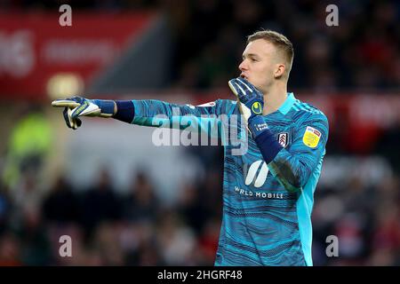 Stoke on Trent, Royaume-Uni.22nd janvier 2022.Le gardien de but de Fulham Marek Rodak crie et fait des points.EFL Skybet Championship Match, Stoke City v Fulham au stade Bet365 de Stoke on Trent, le samedi 22nd janvier 2022. Cette image ne peut être utilisée qu'à des fins éditoriales.Utilisation éditoriale uniquement, licence requise pour une utilisation commerciale.Aucune utilisation dans les Paris, les jeux ou les publications d'un seul club/ligue/joueur.pic par Chris Stading/Andrew Orchard sports Photography/Alamy Live News crédit: Andrew Orchard sports Photography/Alamy Live News Banque D'Images