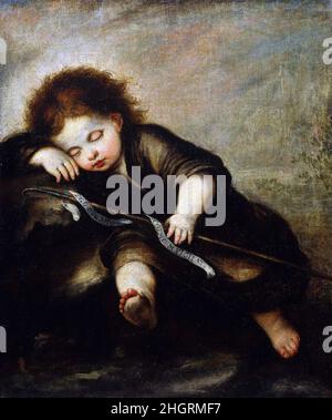 Murillo.Bébé Christ endormi par le cercle de l'artiste espagnol Bartolomé Estebán Murillo (1617-1682), huile sur toile Banque D'Images