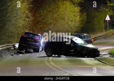 Épave d'une collision routière sur Aberford Road à Swillington, West Yorkshire. Banque D'Images