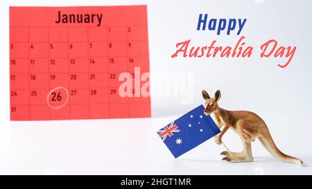 Australia Day le 26 janvier ou Anzac Day, kangourous avec le drapeau de l'Australie sur fond blanc et l'inscription Happy Australia Day. Banque D'Images