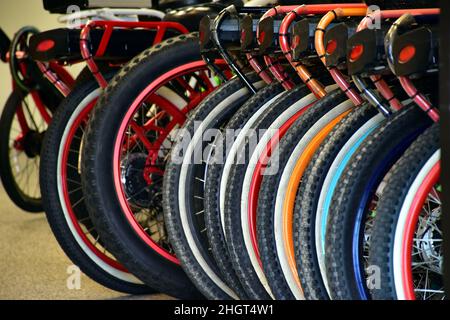 Rangée d'extrémités arrière multicolores de bicyclettes d'occasion dans une boutique de vélos Banque D'Images