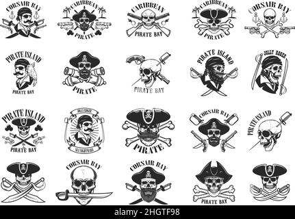 Grand ensemble d'emblèmes de pirate.Corsair, buccaneer.Éléments de design pour logo, étiquette, affiche, affiche, t-shirt.Illustration vectorielle Illustration de Vecteur