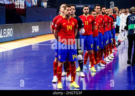 GRONINGEN, PAYS-BAS - JANVIER 22 : Mellado d'Espagne, Chino d'Espagne, Cecilio Morales d'Espagne, Sergio Lozano d'Espagne, Juan Jose Camacho Perez d'Espagne, Raul Gomez d'Espagne,S5 lors du match du Futsal Euro 2022 Groupe D entre l'Espagne et la Bosnie-Herzégovine au Martiniplaza le 22 janvier 2022 à Groningen, pays-Bas (photo d'Andre Weening/Orange Pictures) Banque D'Images