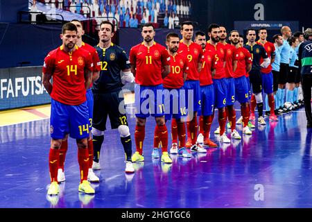 GRONINGEN, PAYS-BAS - JANVIER 22 : Raul Campos d'Espagne, Didac Plana d'Espagne, Chino d'Espagne, Cecilio Morales d'Espagne, Sergio Lozano d'Espagne, Juan Jose Camacho Perez d'Espagne, Raul Gomez d'Espagne, Boyis d'Espagne,Esteban Cejudo d'Espagne lors du match du Futsal masculin Euro 2022 Groupe D entre l'Espagne et la Bosnie-Herzégovine au Martiniplaza le 22 janvier 2022 à Groningen, pays-Bas (photo d'Andre Weening/Orange Pictures) Banque D'Images