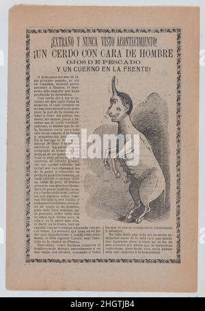 Grand feuillet relatif aux freaks de la nature, à droite une créature qui est à moitié humaine et à moitié cochon avec une corne unique ca 1900 José Guadalupe Posada.Grand feuillet relatif aux freaks de la nature, à droite une créature qui est à moitié humaine et à moitié cochon avec une seule corne.José Guadalupe Posada (mexicain, 1851–1913). Vers 1900.Photo-relief et typographie sur papier brun clair.Imprime Banque D'Images