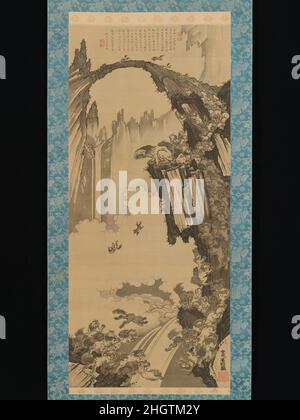 Lions au pont de pierre du Mont Tiantai 1779 Soga sh?haku dans cette scène fantastique au pont de pierre naturelle du Mont Tiantai, dans la province chinoise de Zhejiang, un lion-mère jette des petits au-dessus de la falaise pour voir qui persistera pour réussir dans la vie en grimpant à son retour.Des analogies sont souvent faites avec des artistes ou des enseignants qui testent les élèves de manière similaire.Le mont Tiantai, qui abrite la secte du bouddhisme Tiantai, est également un site sacré pour la pratique des Daoïstes.En Chine comme au Japon, les montagnes étaient longtemps considérées comme des endroits intermédiaires entre le ciel et la terre, où les immortels et les humains pouvaient se rencontrer Banque D'Images