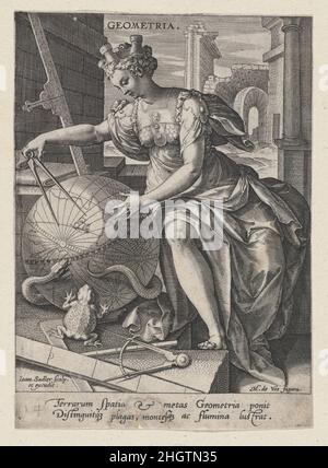 Geometria, des sept arts libéraux ca.1570–1600 Johann Sadeler I première conceptualisée au Moyen-âge, le terme « arts libéraux » fait référence aux domaines d'étude jugés nécessaires pour atteindre une éducation fondée sur l'antiquité classique.Ces sujets, qui ont été divisés en deux catégories — le trivium (grammaire, dialectique et rhétorique) et le quadrivium (arithmétique, géométrie, astronomie et musique) — sont devenus des thèmes communs pour les imprimés allégoriques au début de la période moderne.Tandis que Sadeler conceptualisait la pratique de l'arithmétique comme un acte personnel de concentration, Geometria se trouve parmi le RU classique Banque D'Images