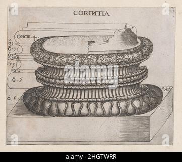 Spéculum Romanae Magnificatiae : base corinthienne ca.1537 Monogrammiste G.A. et le Caltrop Italien cet imprimé provient de la copie du musée du Speculum Romanae Magnificatiae (le miroir de la magnificence romaine) le Speculum a trouvé son origine dans les activités d'édition d'Antonio Salamanca et d'Antonio Ladreri.Au cours de leur carrière dans l'édition romaine, les deux éditeurs étrangers - qui ont travaillé ensemble entre 1553 et 1563 - ont lancé la production de tirages d'œuvres d'art, d'architecture et de vues de ville liées à Rome antique et moderne.Les tirages pourraient être achetés individuellement par les touristes et Banque D'Images