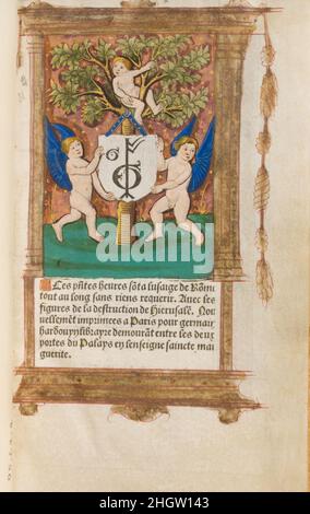 Livre des heures 1518–21 Gilles Hardouyn Français lorsque les livres imprimés ont commencé à supplanter les manuscrits, leurs fabricants ont cherché à faire ressembler le produit à des livres écrits à la main.Dans ce livre des heures, les illustrations imprimées en bois étaient « illuminées » avec de la couleur, comme les livres de coloriage remplis de peinture à la main.Ce livre a été réalisé par les frères Gilles et Germain Hardouyn, qui ont été enregistrés à Paris comme imprimeurs et illuminateurs.Livre des heures.Germain Hardouyn (français).Français.1518–21.Tempera, encre et or sur parchemin; reliure en cuir.Gilles Hardouyn (français).Fabriqué à Paris, Banque D'Images