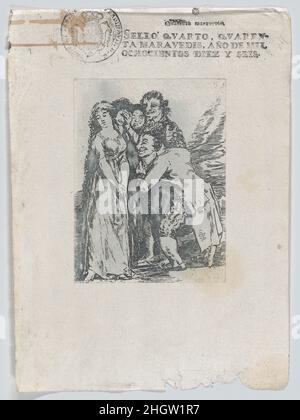 Reproduction à l'inverse du dessin Sueño de Goya qui a été préparatoire à la plaque 14 de Los Caprichos, 'quel sacrifice', une jeune femme entourée d'un groupe d'hommes, qui comprend son fiancé, une riche cachback ca.1830–50 (?)Après Goya (Francisco de Goya y Lucientes), Susan Schulman a acheté cet imprimé avec un certain nombre d'autres impressions, plusieurs avec un sceau légal daté de 1822 et d'autres sur le papier moderne.Cette feuille est datée de 1816.Pour un exemple de ce type de papier (daté de 1812) utilisé pour l'inventaire de la propriété de Goya, voir Juliet Wilson-Bareau, 'Goya et les numéros X: L'inventaire de 1812 et EA Banque D'Images