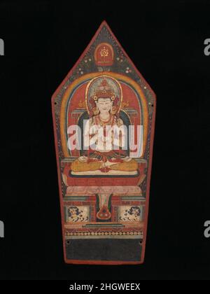 Panneau d'une couronne rituelle bouddhiste représentant le Tibet de la fin du 13th au début du 14th siècle ce panneau survit à l'une des plus belles couronnes rituelles de la haute période de peinture tibétaine.La base de la couronne de Vairocana est garnie de lions qui servent aussi de véhicule.Vairocana, qui préside les cinq bouddhas transcendants, fait le geste bodyagri ésotérique tout en tenant un sceptre d'orage (vajra) dans sa main droite.Il porte une couronne à plusieurs niveaux qui est largement contemporaine.Panneau d'une couronne rituelle bouddhiste représentant Vairocana.Tibet. Fin 13th–début 14th siècle.Distemper sur woo Banque D'Images