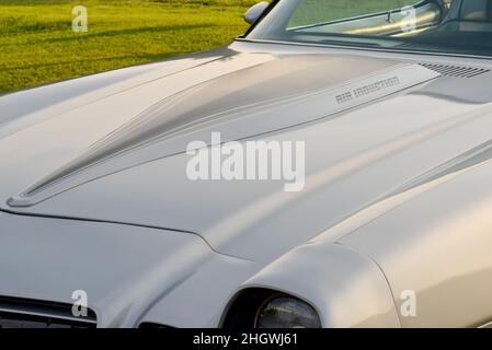 Capot à induction pneumatique avec éléments graphiques sur le capot d'une Camaro Z28 1981 de Chevrolet argentée au crépuscule. Banque D'Images