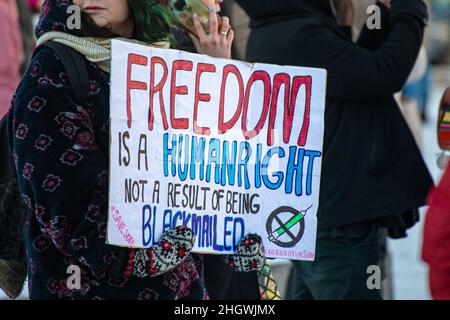 Signe de protestation anti-vaxer lors d'une manifestation contre les restrictions de Covid-19 à Helsinki, en Finlande Banque D'Images