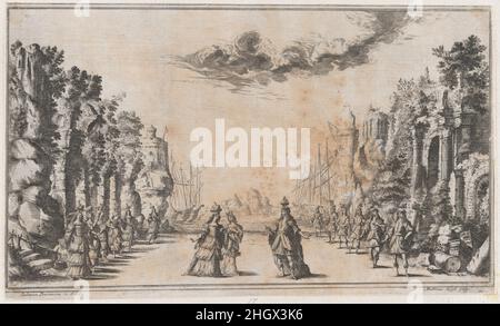 Un homme et deux femmes conversant au centre; de jeunes hommes debout à leur droite et de jeunes femmes à leur gauche; des navires au loin; set design from 'il Pomo d'Oro' 1668 Mathäus Küsel le septième des vingt-trois ensembles de scène conçus par Lodovico Burnacini pour 'il Pomo d'Oro,Festa Teatrale Rappresentata in Vienna per l'Augussime Nozze Delle Sacre Cesaree E Reali Maestà Di Leopoldo E Margherita', un opéra célébrant le mariage de l'empereur Léopold I et Marguerite Teresa d'Espagne en 1666.Composé par Antonio Cesti avec un livret de Francesco Sbarra, il a été exécuté pour la première fois en juillet 1668 à la Banque D'Images