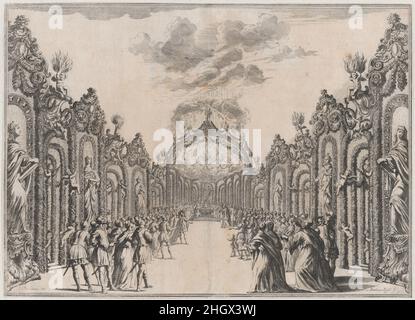 Un sacrifice aux dieux olympiques qui se déroule au bout d'un chemin bordé de statues et de feuillage;Décor de 'il Fuoco Eterno' 1674 Mathäus Küsel une des douze assiettes représentant les décors de scène conçus par Lodovico Burnacini pour 'il Fuoco Eterno Custodó Dalle Vestali', un opéra célébrant la naissance de Maria Anna Antonia, archiduchesse d'Autriche en 1672.L'archiduchesse était la fille de l'empereur Léopold I et de sa seconde femme Claudia Felicitas, héritière de Tirol.Composé par Antonio Draghi avec un livret de Nicoló Minato, l'opéra a été interprété au Hoftheater à Vienne le 30 octobre, Banque D'Images