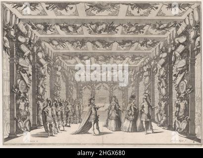 L'Arsenal; deux soldats conversant avec deux femmes à droite comme un groupe de soldats regardent de gauche;Décor de 'il Fuoco Eterno' 1674 Mathäus Küsel une des douze assiettes représentant les décors de scène conçus par Lodovico Burnacini pour 'il Fuoco Eterno Custodó Dalle Vestali', un opéra célébrant la naissance de Maria Anna Antonia, archiduchesse d'Autriche en 1672.L'archiduchesse était la fille de l'empereur Léopold I et de sa seconde femme Claudia Felicitas, héritière de Tirol.Composé par Antonio Draghi avec un livret de Nicoló Minato, l'opéra a été interprété dans le Hoftheater à Vienne Banque D'Images